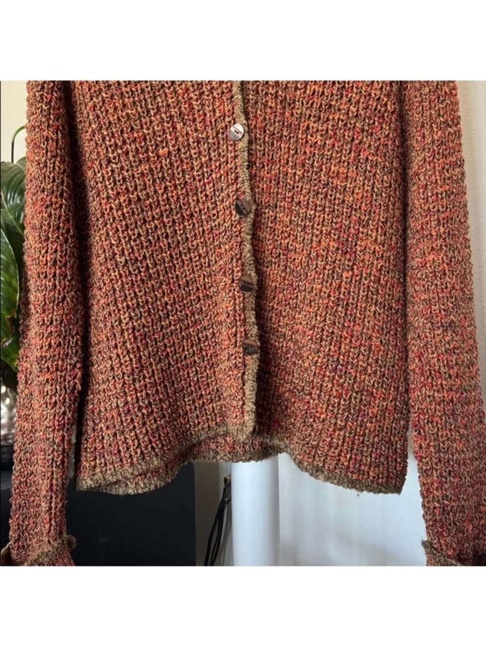 Sigrid Olsen Open Knit Button Front Sweater Cardigan Sz L Brown Orange Collared - Picture 3 of 9